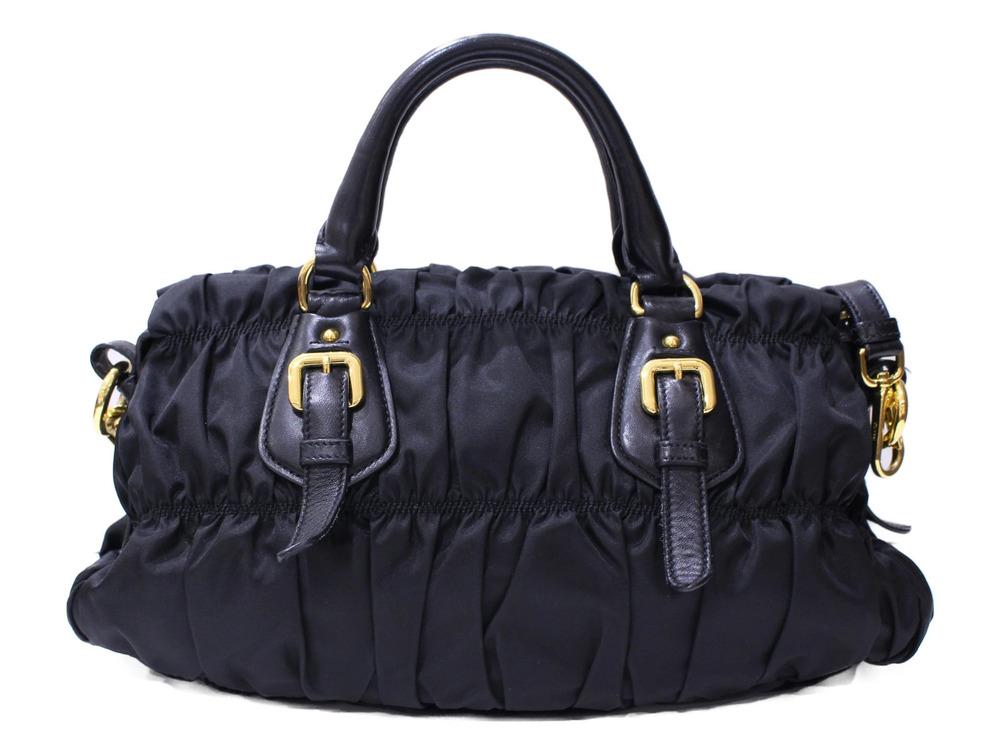 Prada 2way Leather TESSUTO Black Nero Gather Shoulder GOUFFRE Bag
